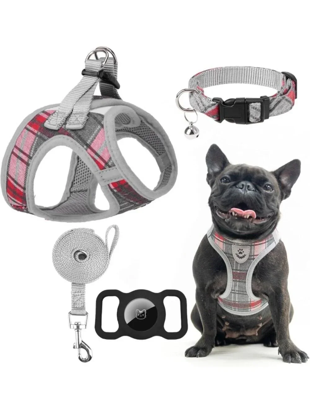 Soft Padded Plaid Dog Harness & Leash Set - No Pull, Reflective, AirTag Holder